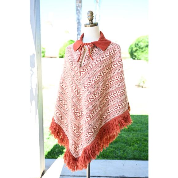 1970's Wool Burnt Orange and Cream Knit Poncho - Picture 1 of 7